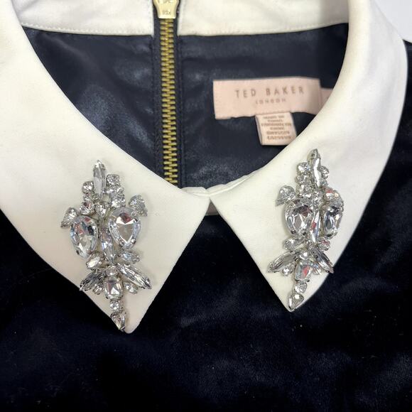 Ted Baker Small Velvet Black Dress Embellished Collar Wednesday Addams (Sz 1=4) - Picture 14 of 16